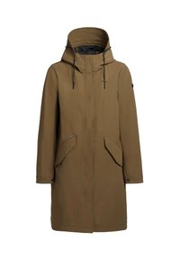 Parka imperméable marron avec un col haut, des cordons de serrage réglables, deux grandes poches avant et une texture lisse. Présente un logo de marque.