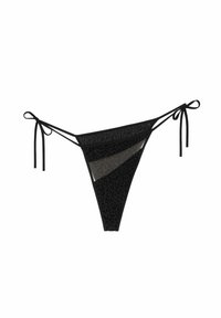 Černé bikini tanga se zavazováním, s průhledným panelem a leopardím vzorem. Vyrobeno z lehkého, měkkého materiálu.