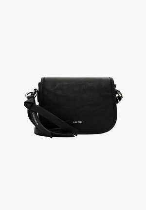 Borsa a tracolla nera perforata con forma rettangolare piatta, tracolla regolabile e accessori in argento. Presenta il logo del marchio in bianco sulla parte anteriore.