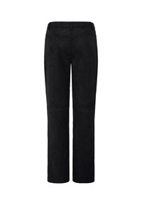 Pantalon noir à jambes droites avec passants pour ceinture, poches arrière et coutures visibles aux genoux, montré de dos sur fond blanc.