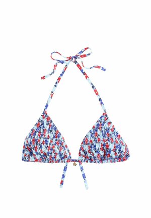 Trójkątny top od bikini w czerwono-niebiesko-biały wzór kwiatowy, z wiązaniem na szyi i regulowanym tylnym wiązaniem z małym zawieszonym charm.