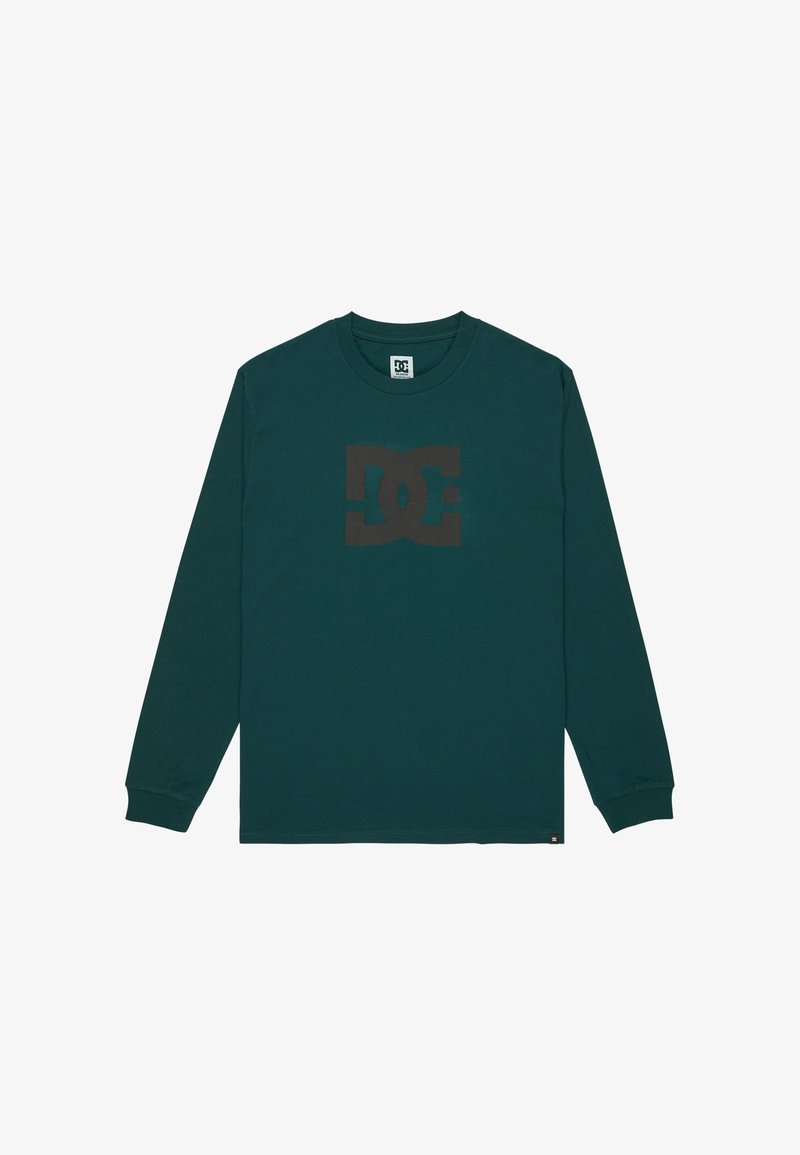 Long-sleeve T-shirt in dark teal cotton with a large black DC logo and star graphic on the front. Features a crew neckline and ribbed cuffs.