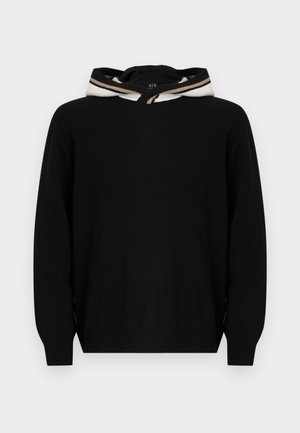 Black pullover sweater with a hood, featuring a smooth texture and striped accents around the hood's edge. Simple, relaxed fit design.