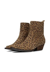 Botas de tobillo con estampado de leopardo en ante marrón, con punta afilada y tacón bajo apilado. Cierre lateral de cremallera y tirador de tela en la parte trasera.