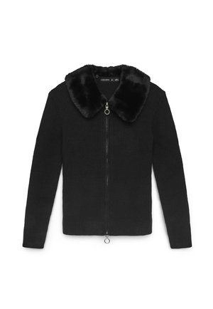 Giacca nera a maniche lunghe con zip, texture a coste e ampio collo in morbida pelliccia, con cursori circolari sulla zip davanti e sul fondo.