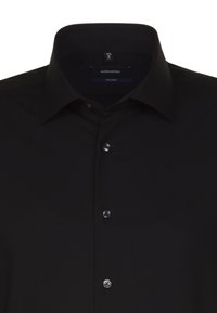 Zwarte op maat gemaakte button-up shirt met een klassieke kraag, voorzien van zes knopen, een gladde stof en een subtiele glans. Label zichtbaar van binnen.