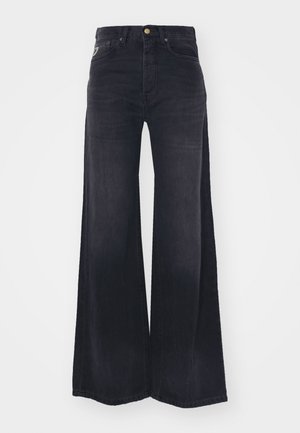 Black high-waist jeans with wide legs, front button and zipper, and five-pocket styling.