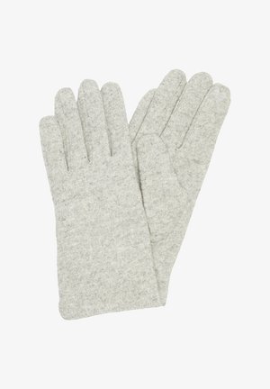 Szare, dziane rękawiczki z pięcioma palcami, charakteryzujące się miękką teksturą i subtelnym wzorem w kropeczki, zaprojektowane z myślą o ciepłe i komforcie.