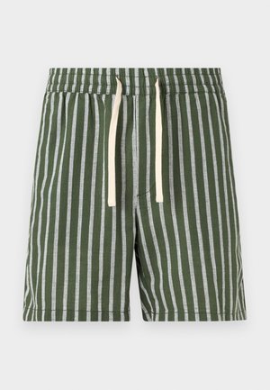 Πράσινα σορτσάκια με κάθετες λευκές ρίγες, ελαστική μέση και μπεζ κορδόνια, εμφανίζονται σε απλό λευκό φόντο.