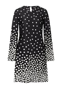 Schwarzes Kleid mit langen Ärmeln, rundem Ausschnitt und Schlüssellochöffnung hinten. Verfügt über weiße Polka Dots in unterschiedlichen Größen, die von groß zu klein übergehen.