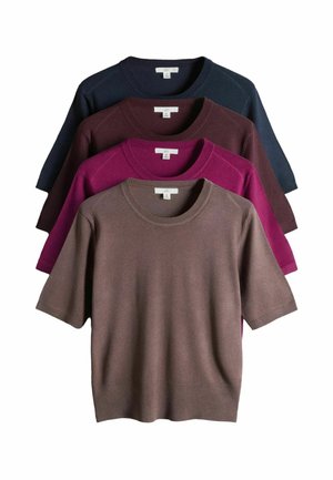 Four short-sleeve knit sweaters in taupe, magenta, dark brown, and navy, arranged layered on a white background.