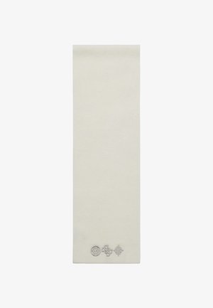 Écharpe rectangulaire de couleur crème avec trois petits symboles brodés complexes près d'un bord.