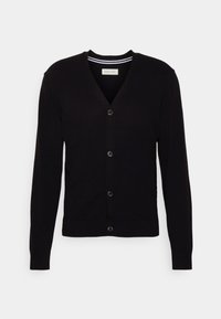 Černý cardigan s výstřihem do V a dlouhými rukávy, se pěti knoflíky vpředu a jemnou pletenou texturou. Pruhovaný detail na vnitřním límci.
