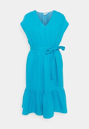 Aqua blue, short-sleeved dress with a V-neck, belted waist, and flared ruffled hem. Made of lightweight, textured fabric.