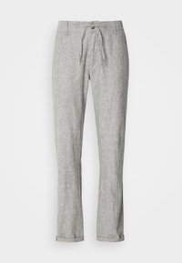 Pantalons en lin gris clair avec une coupe décontractée, dotés d'une taille élastique et d'un cordon de serrage, de poignets non ourlés et d'une surface texturée.