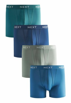 Men's boxer briefs in a set of four. Colors: teal, dark blue, light gray, and green. Soft fabric with an elastic waistband labeled "NEXT."