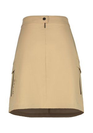 Skort beige hecho de un tejido ligero, con cierre de botón, bolsillos laterales con cremalleras y un dobladillo que se curva ligeramente hacia arriba.