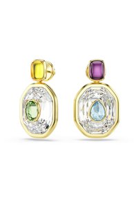 Ohrringe in Goldton mit achteckigem Design, ausgestattet mit mehreren Edelsteinen: einem gelben Quadrat, einem grünen Oval, einer blauen Birne und lila Quadraten.