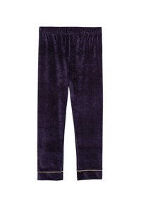 Leggings viola in velluto con un elastico in vita e un accento dorato all'orlo. Texture liscia e design aderente. Senza fantasie.