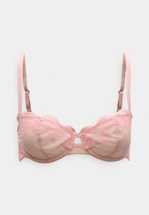 Ανοιχτό ροζ δαντελένιο balconette σουτιέν με υφασμάτινη υφή, κυματιστές άκρες και ρυθμιζόμενες τιράντες. Διαθέτει κεντρική λεπτομέρεια με κομμένο τμήμα.