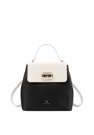 Borsa nera con patta bianca, fibbia decorativa dorata, manico superiore e tracolle regolabili, marchiata Queen Helena.