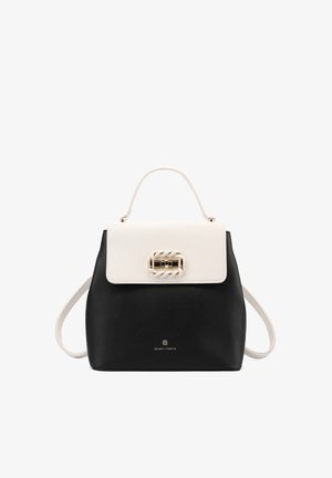 Borsa nera con patta bianca, fibbia decorativa dorata, manico superiore e tracolle regolabili, marchiata Queen Helena.