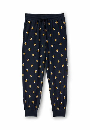 Joggers navy con una cinturilla elástica, que presentan un estampado repetido de jarras de cerveza en amarillo y blanco. Los tobillos ajustados completan el diseño.