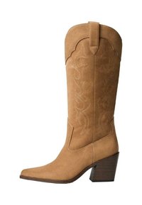 Tan mockaläderscowboystövlar med spetsig tå, västerländska sömnadsdetaljer, medelhög skafthöjd och träklack.