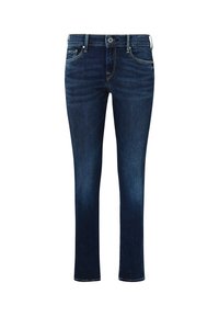 Σκούρα μπλε τζιν παντελόνια με ίσια γραμμή, εμπρόσθιες και οπίσθιες τσέπες, θηλιές για ζώνη και κουμπί κλεισίματος.