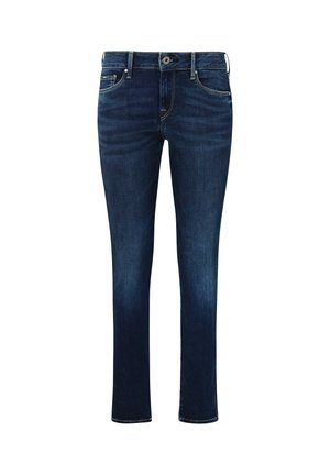 Tumši zili taisnas kājas džinsu bikses ar priekšējām un aizmugurējām kabatām, jostas cilpām un pogas aizdari.