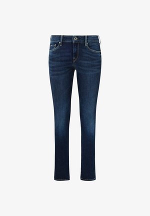 Tumši zili taisnas kājas džinsu bikses ar priekšējām un aizmugurējām kabatām, jostas cilpām un pogas aizdari.