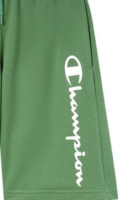 Gros plan sur un tissu vert montrant le logo Champion blanc vertical imprimé près d'une couture et d'une ouverture de poche latérale.