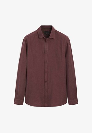 Burgundy langærmet skjorte lavet af tekstureret stof, med standard krave, fuld knaplukning og tætsiddende design.