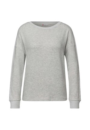 Lichtgrijze trui met lange mouwen, een ronde halslijn en geribbelde manchetten, gemaakt van zacht gebreid materiaal.