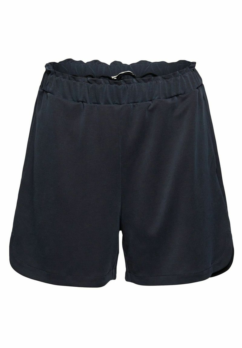 Shorts de sport noirs avec une ceinture élastique, dotés d'un cordon de serrage et d'ourlets légèrement courbés pour faciliter les mouvements. Texture de tissu lisse.