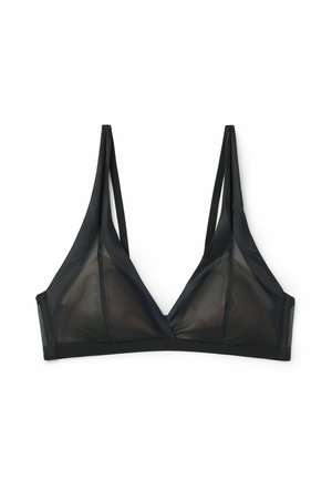 Czarny trójkątny biustonosz braletka wykonany z przezroczystej dzianiny siatkowej. Posiada regulowane cienkie ramiączka oraz miękką taśmę pod biustem. Minimalistyczny design.