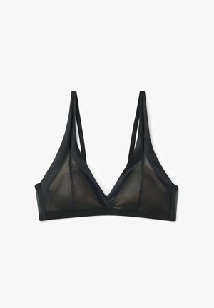 Czarny trójkątny biustonosz braletka wykonany z przezroczystej dzianiny siatkowej. Posiada regulowane cienkie ramiączka oraz miękką taśmę pod biustem. Minimalistyczny design.