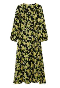Robe à imprimé floral avec de longues manches bouffantes, design croisé, fond noir et fleurs vertes et jaunes. Tissu léger, coupe mi-longue.