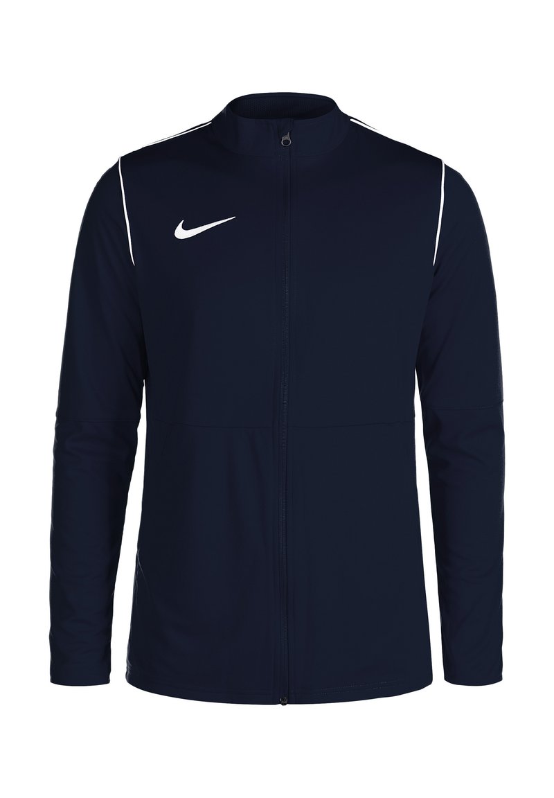 Marineblaues Jackett mit weißen Akzenten, durchgehender Reißverschluss, hoher Kragen, langen Ärmeln und Nike-Logo auf der Brust. Glatter Stoff, athletische Passform, minimalistisches Design.
