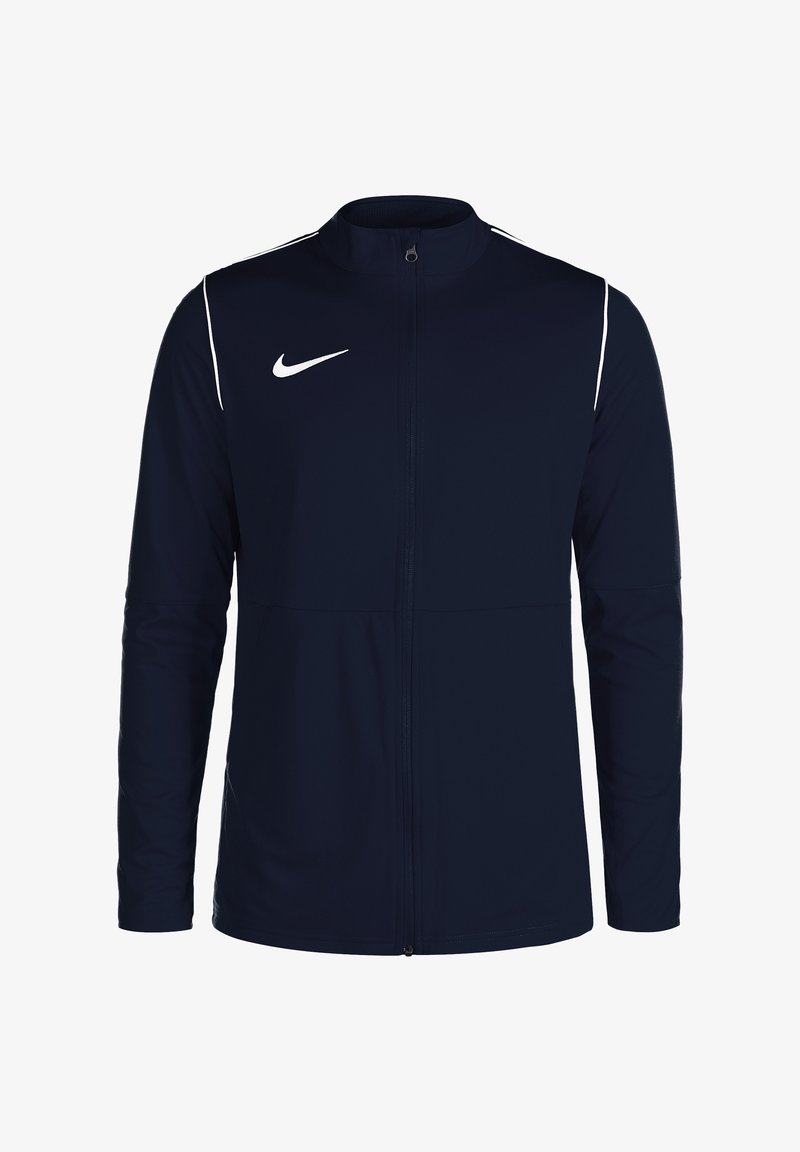Navy jacket with white accents, full zip, high collar, long sleeves, and Nike logo on the chest. Smooth fabric, athletic fit, minimalist design.