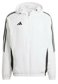 Biała sportowa kurtka z kapturem, czarne boczne panele i trzy czarne paski na rękawach. Zamek z przodu i elastyczne mankiety.