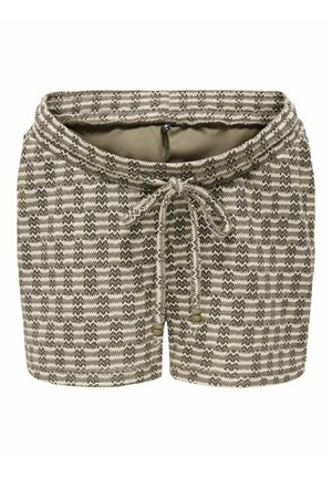 Pletené krátke nohavice s nastaviteľným pásom so šnúrkou, béžovo-hnedý cik-cak vzor a dve predné vrecká, určené na bežné nosenie.