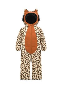 Vadderad snödräkt med leopardmönster i kräm, brunt och svart. Har en brun frontpanel, svarta pälsdetaljer på huvan och öron.