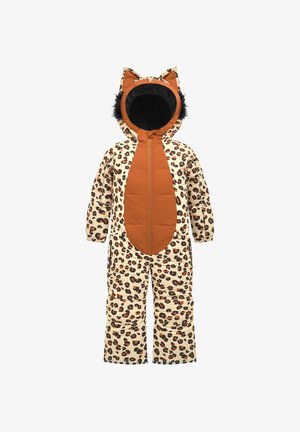 Mono de nieve acolchado con estampado de leopardo en crema, marrón y negro. Presenta un panel frontal marrón, acentos de pelaje negro en la capucha y detalles de orejas.