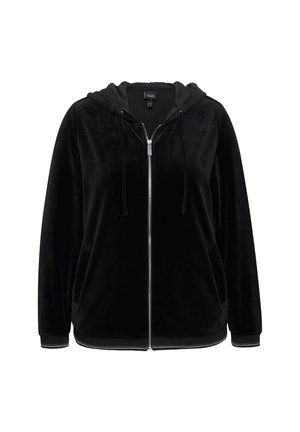 Sweat à capuche zippé noir en velours. Présente une capuche avec cordon de serrage, des poches avant, des poignets côtelés et un ourlet avec des détails de couture contrastés.