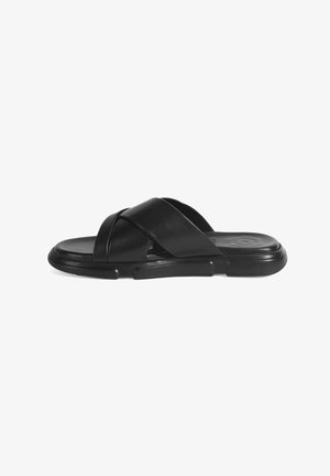Schwarze Rutschsandalette mit einem glatten Lederoberteil, gekreuzten Riemen und einer strukturierten Sohle. Runde Zehenpartie und schlankes Silhouette.