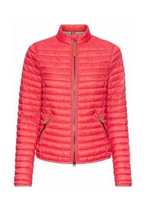 Red insulated jacket with quilted texture, high collar, and two zippered side pockets. Features a front zipper and contrasting tan accents.