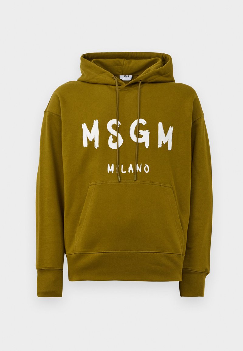 Olive green hoodie with "MSGM MILANO" text in white on front, featuring a front kangaroo pocket and drawstring hood.