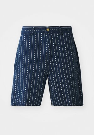 Navy shorts with vertical white stripes and small heart patterns, featuring a button closure and belt loops. Made of lightweight fabric.