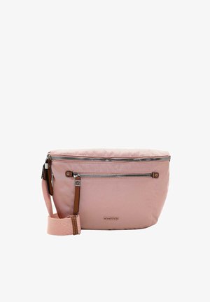 Roze nylon schoudertas met een vlak ontwerp, bruin leren accenten, dubbele ritscompartimenten en een verstelbare band.